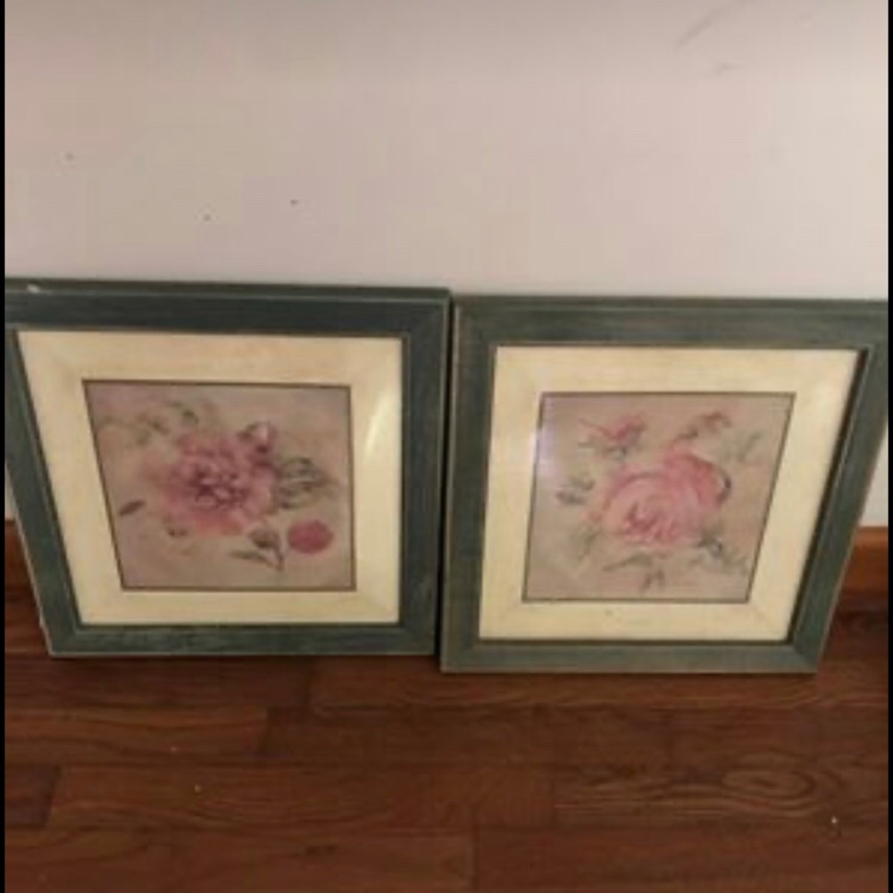 2 Rose prints in green frame
